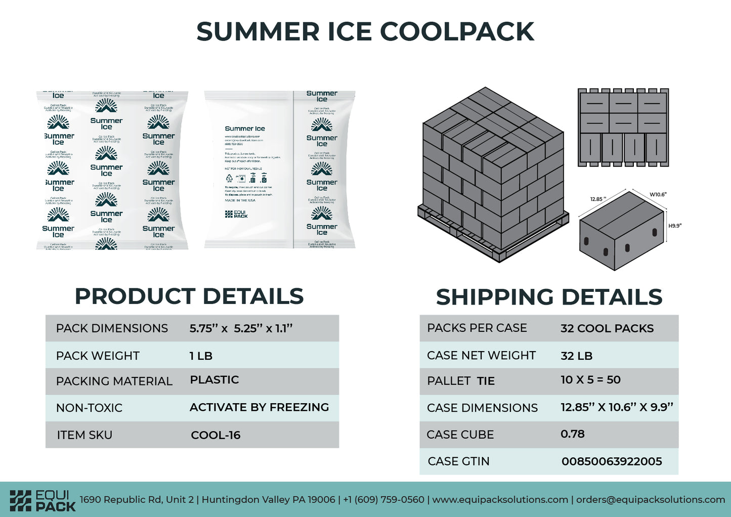 Pallet of 1,800 Pre-Frozen Gel Ice Packs | 1 lb Each | 36 per Case, 50 Cases
